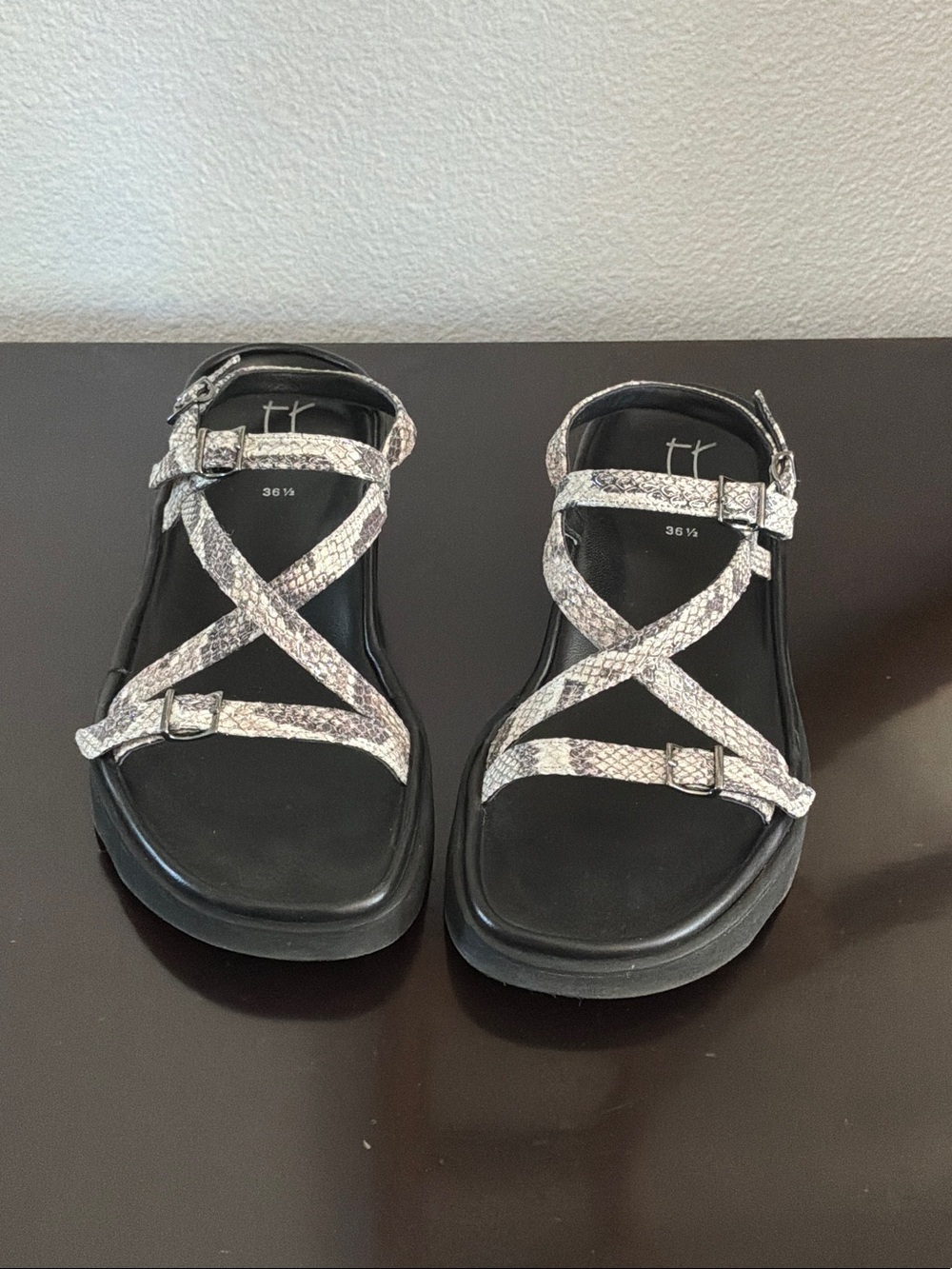 Thierry Rabotin Snake-Print Strappy Sandals in Black and Silver